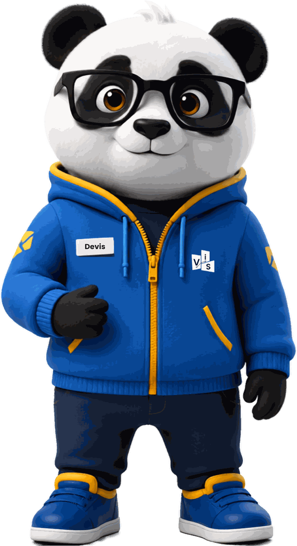 Devis, o mascote da ViS Tech Strategy: um panda de óculos e moletom azul